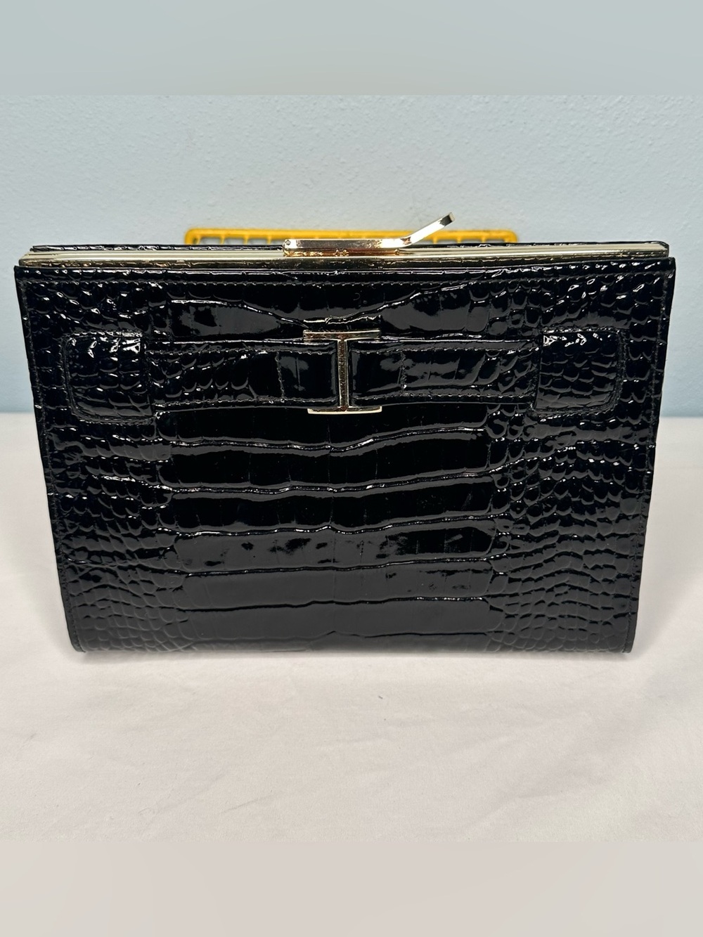 Abas Black Croc-Embossed Patent Frame Clutch - Elegant Evening Bag